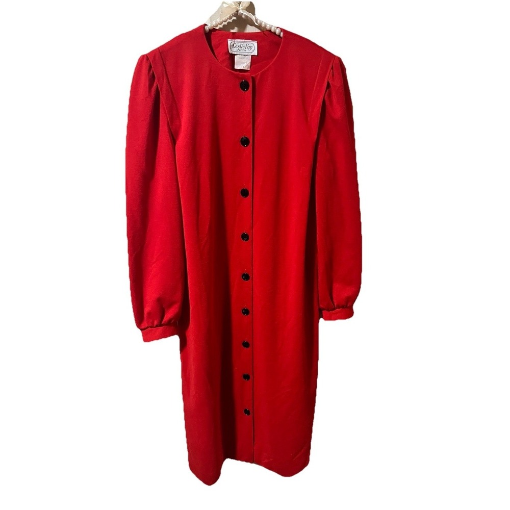 Leslie Fay Button Front Dress Womens 12P Red Excellent Vintage Pleated Shoulder